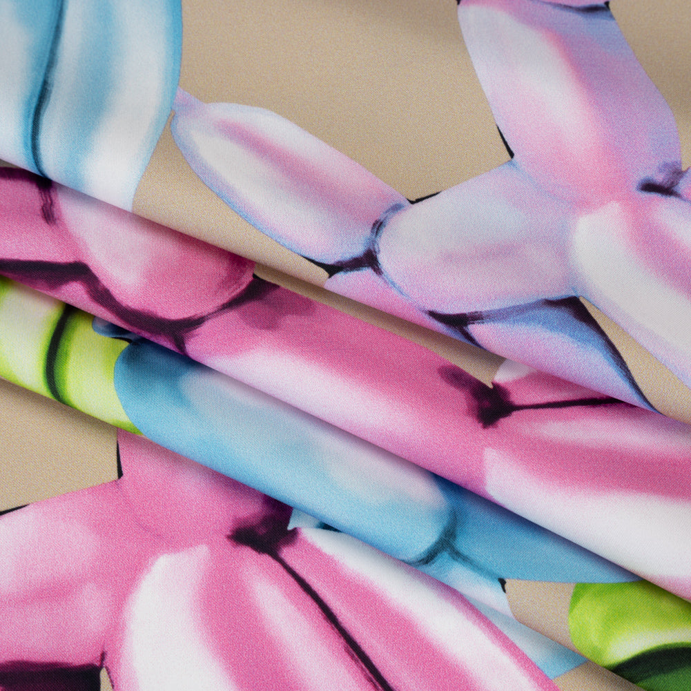 Polyester Satin - Pink, Blue and Beige Large Balloon Dogs - Mood Exclusive Puff Pups Print - Folded
