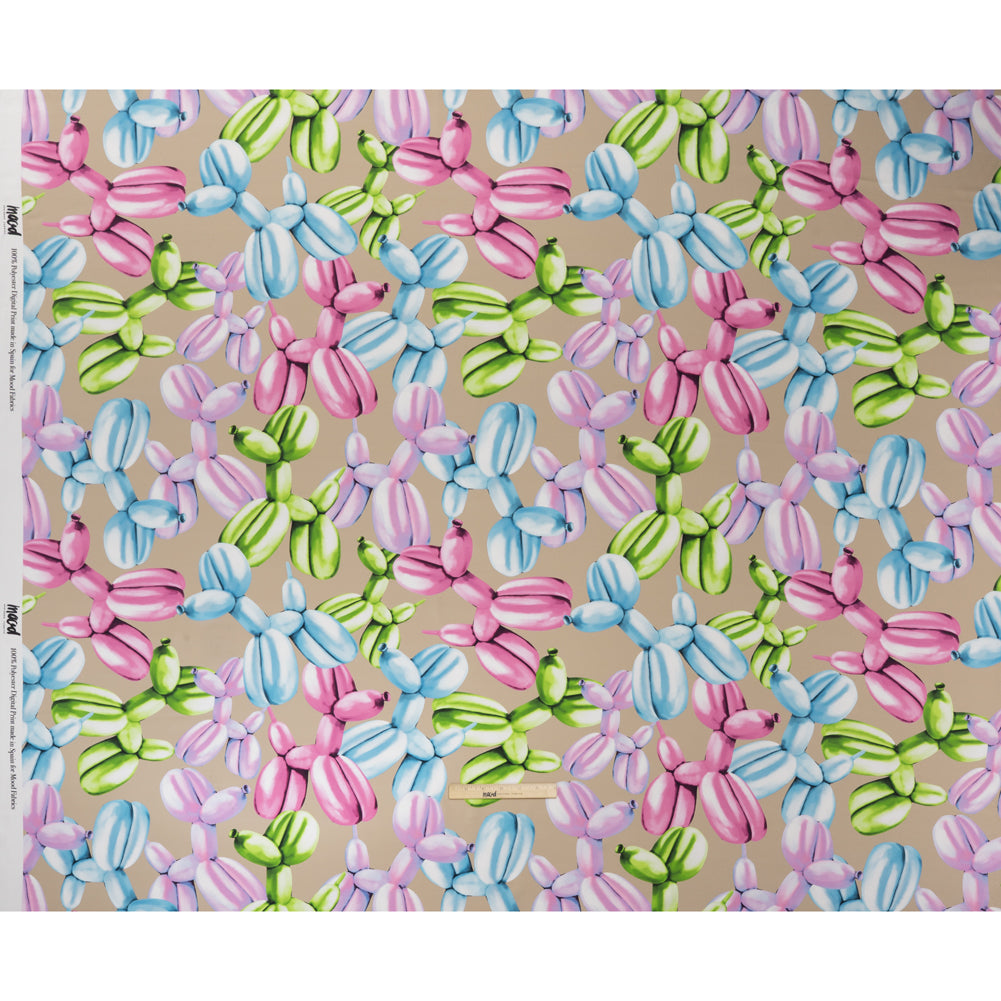 Polyester Satin - Pink, Blue and Beige Large Balloon Dogs - Mood Exclusive Puff Pups Print - Full