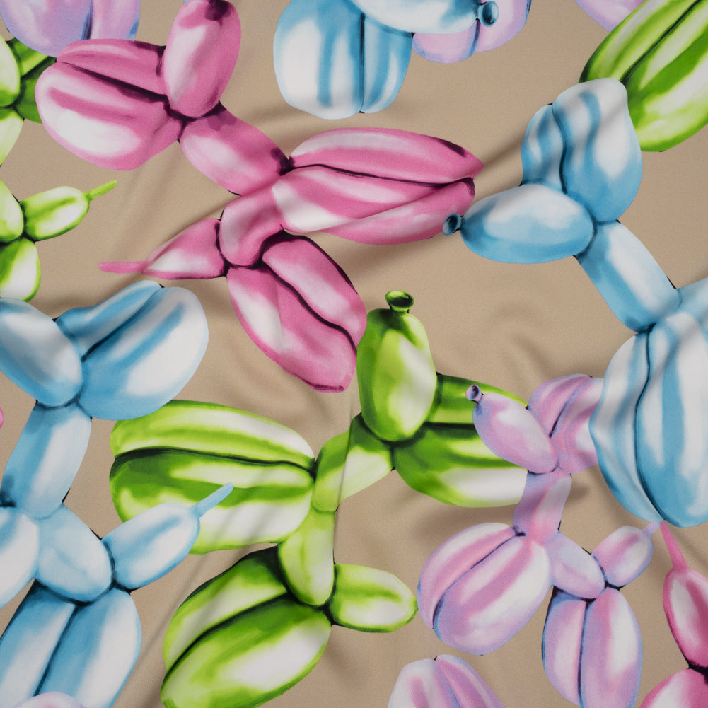 Polyester Satin - Pink, Blue and Beige Large Balloon Dogs - Mood Exclusive Puff Pups Print