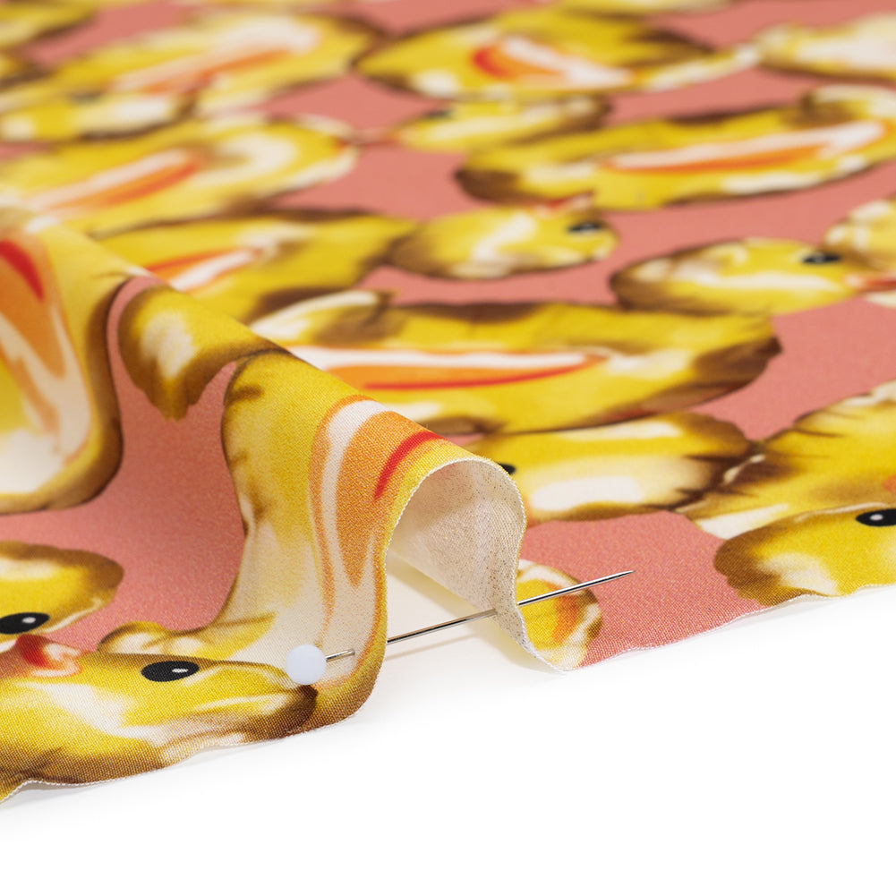 Polyester Satin - Yellow and Rose Pink Small Rubber Ducky Balloons - Mood Exclusive Puffed Pond Print Detail