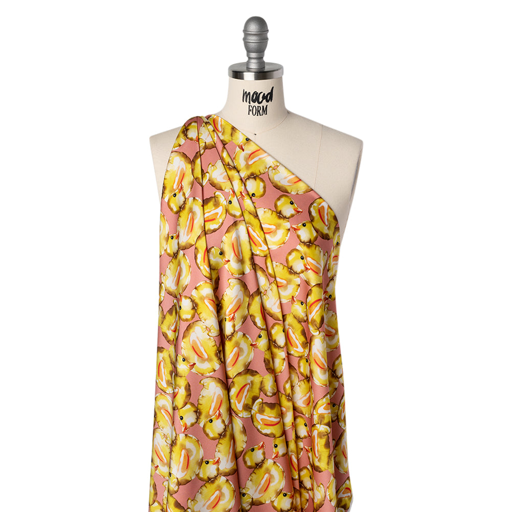 Polyester Satin - Yellow and Rose Pink Small Rubber Ducky Balloons - Mood Exclusive Puffed Pond Print Drape