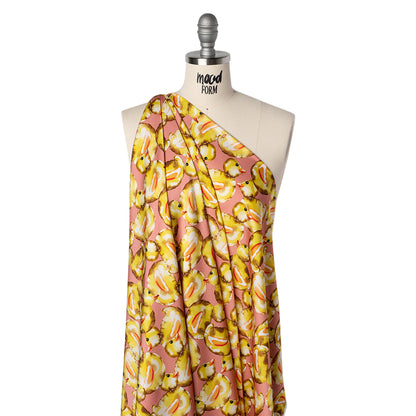 Polyester Satin - Yellow and Rose Pink Small Rubber Ducky Balloons - Mood Exclusive Puffed Pond Print Drape