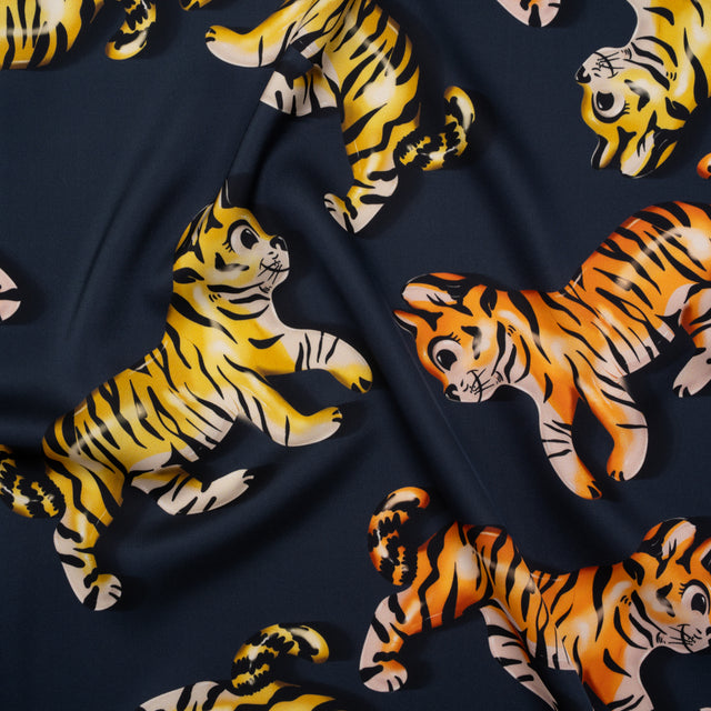 Polyester Satin - Navy, Yellow and Orange Balloon Tigers - Mood Exclusive Pop Jungle Print