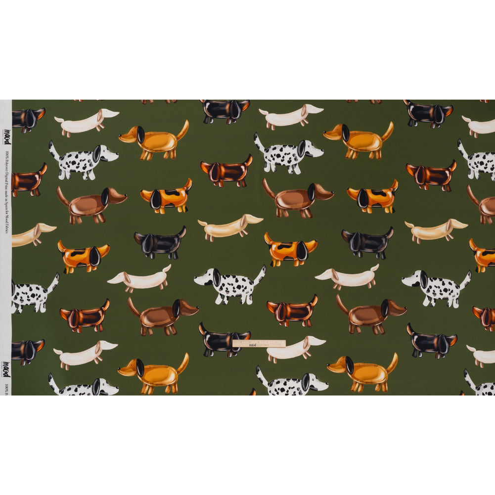 Polyester Satin - Brown, White and Olive Green Puppy Balloons - Mood Exclusive Dachshund Drift Print Full