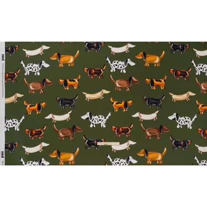 Polyester Satin - Brown, White and Olive Green Puppy Balloons - Mood Exclusive Dachshund Drift Print Full