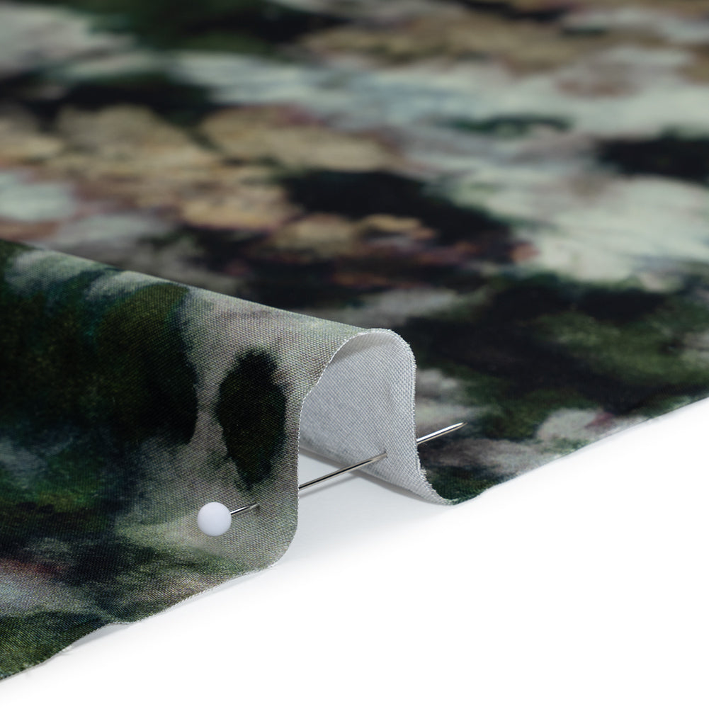 Polyester Satin - Forest Green, Beige and Muted Pale Blue Abstract Painting - Mood Exclusive Earthtone Flow Print Detail