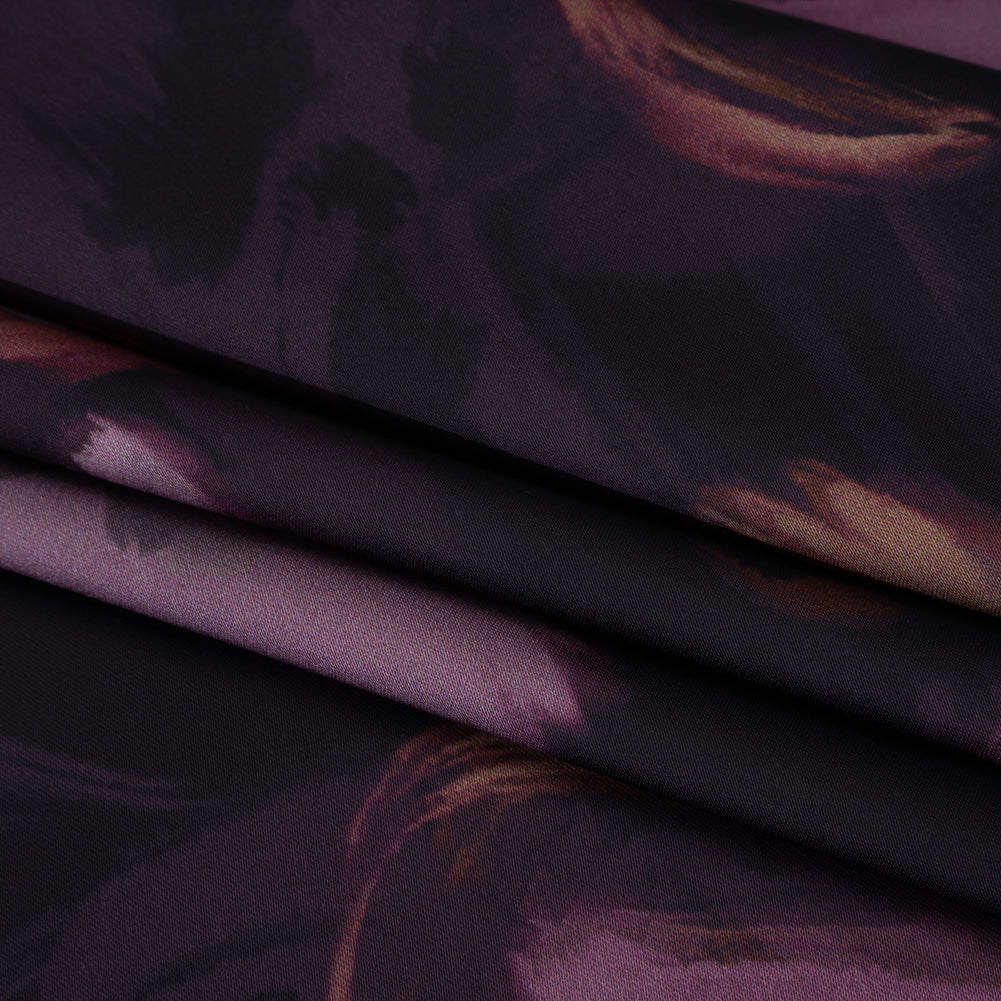Polyester Satin - Aubergine, Lilac and Taupe Painted Flowers - Mood Exclusive Petal Veil Print Folded
