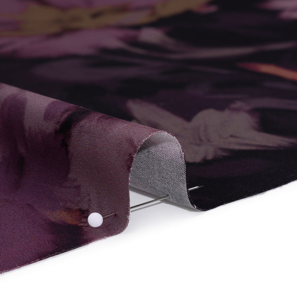 Polyester Satin - Aubergine, Lilac and Taupe Painted Flowers - Mood Exclusive Petal Veil Print Detail