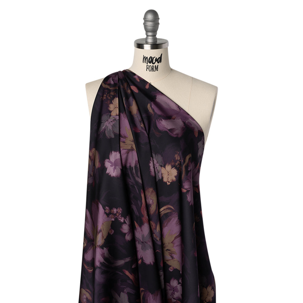 Polyester Satin - Aubergine, Lilac and Taupe Painted Flowers - Mood Exclusive Petal Veil Print Drape