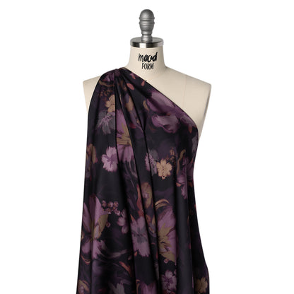 Polyester Satin - Aubergine, Lilac and Taupe Painted Flowers - Mood Exclusive Petal Veil Print Drape