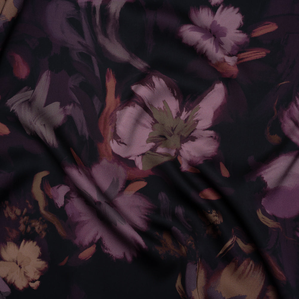 Polyester Satin - Aubergine, Lilac and Taupe Painted Flowers - Mood Exclusive Petal Veil Print