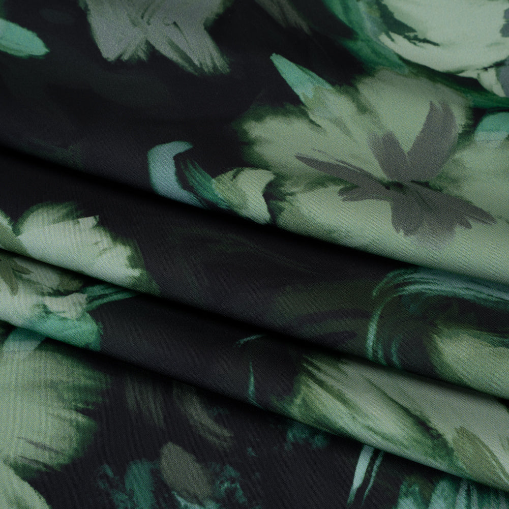 Polyester Satin - Forest, Sage and Sea Green Painted Flowers - Mood Exclusive Petal Veil Print - Folded