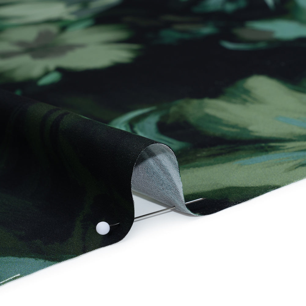 Polyester Satin - Forest, Sage and Sea Green Painted Flowers - Mood Exclusive Petal Veil Print - Detail