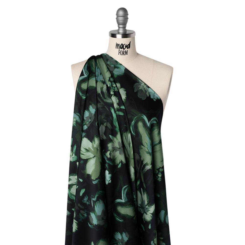 Polyester Satin - Forest, Sage and Sea Green Painted Flowers - Mood Exclusive Petal Veil Print - Drape