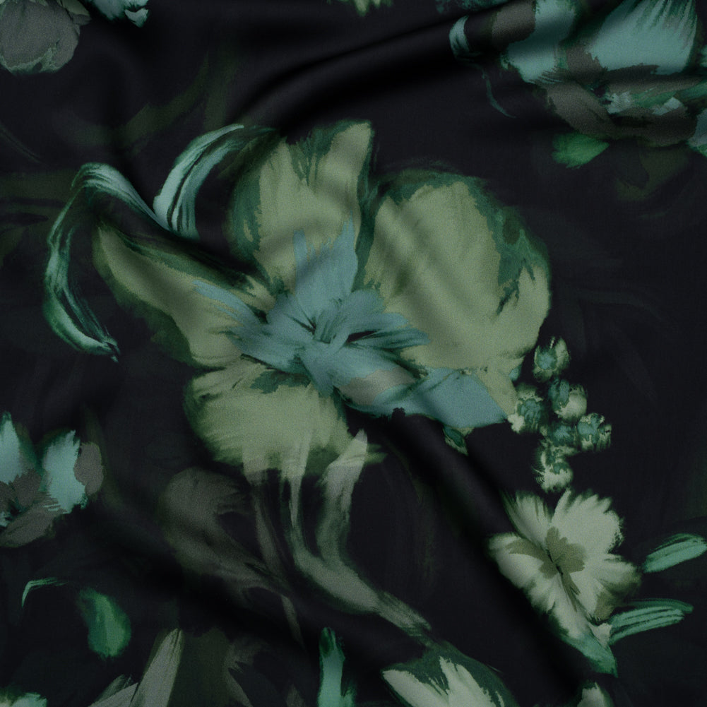 Polyester Satin - Forest, Sage and Sea Green Painted Flowers - Mood Exclusive Petal Veil Print