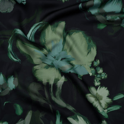 Polyester Satin - Forest, Sage and Sea Green Painted Flowers - Mood Exclusive Petal Veil Print