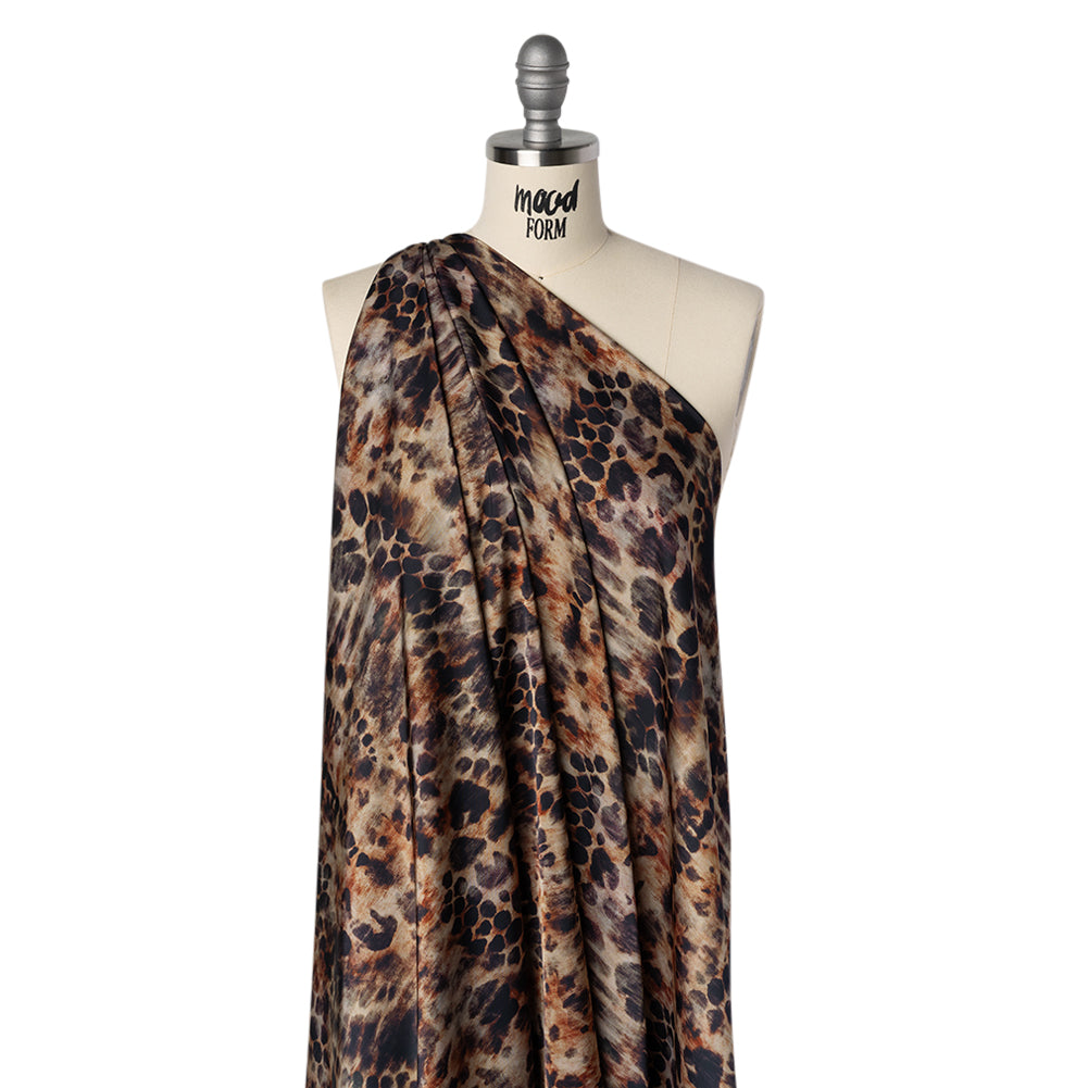 Polyester Satin - Black, Russet and Beige Abstract Animal-Like Spots - Mood Exclusive Savanna Blur Print - Drape