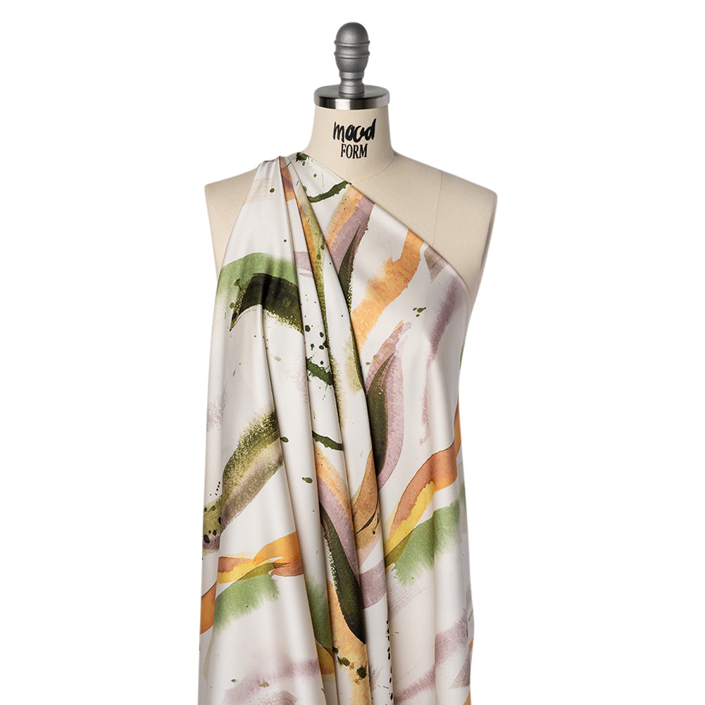 Polyester Satin - Forest Green, Plum Purple and Tangerine Abstract Watercolor Ribbons - Mood Exclusive Fluid Strokes Print - Drape