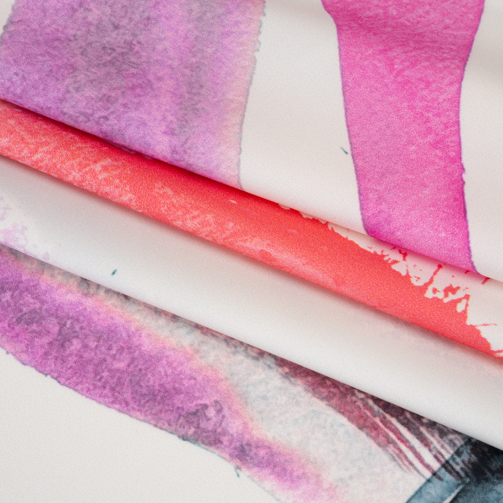 Polyester Satin - Fuchsia, Coral Pink and Muted Blue Abstract Watercolor Ribbons - Mood Exclusive Fluid Strokes Print Folded
