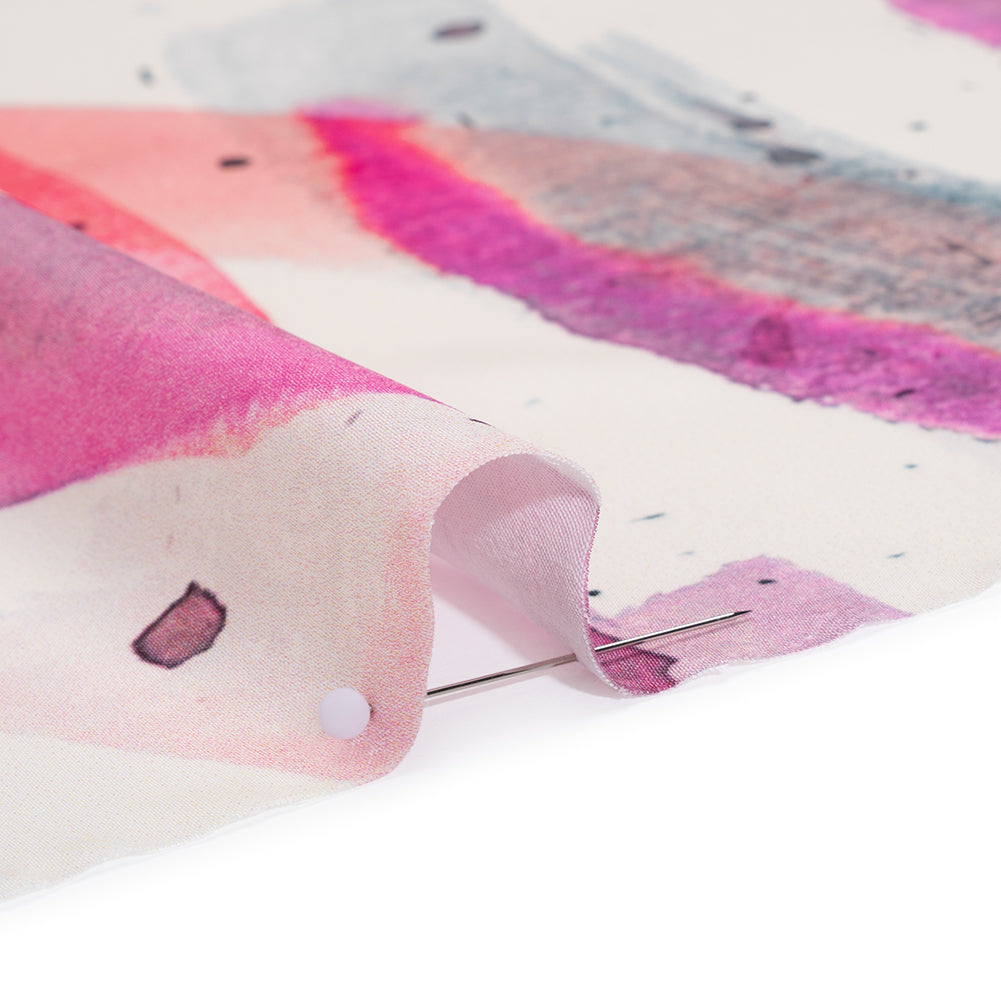 Polyester Satin - Fuchsia, Coral Pink and Muted Blue Abstract Watercolor Ribbons - Mood Exclusive Fluid Strokes Print Detail