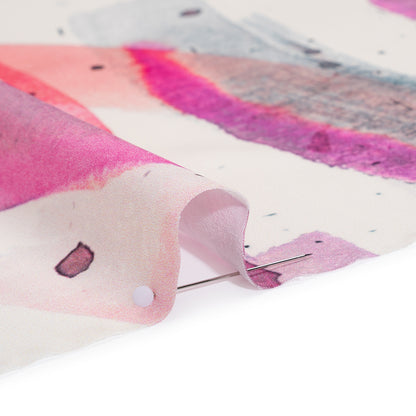Polyester Satin - Fuchsia, Coral Pink and Muted Blue Abstract Watercolor Ribbons - Mood Exclusive Fluid Strokes Print Detail