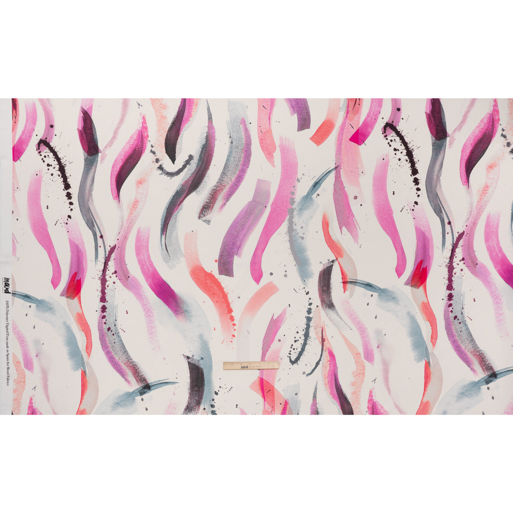 Polyester Satin - Fuchsia, Coral Pink and Muted Blue Abstract Watercolor Ribbons - Mood Exclusive Fluid Strokes Print Full