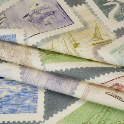 Brushed Cotton Woven - Blue, Green and Beige Ocean Scene Stamp Collection - Mood Exclusive Seaside Stamps Print