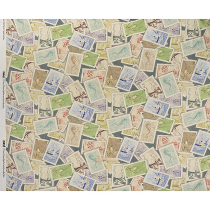 Brushed Cotton Woven - Blue, Green and Beige Ocean Scene Stamp Collection - Mood Exclusive Seaside Stamps Print