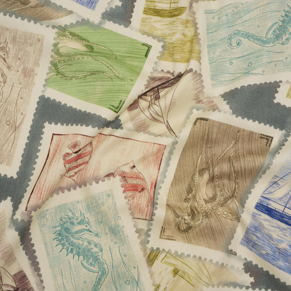Brushed Cotton Woven - Blue, Green and Beige Ocean Scene Stamp Collection - Mood Exclusive Seaside Stamps Print