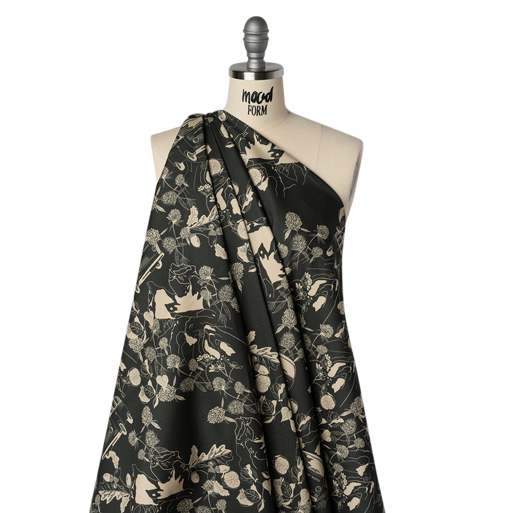 Brushed Cotton Woven - Charcoal and Beige Van in Nature - Mood Exclusive Scenic Route Print Drape
