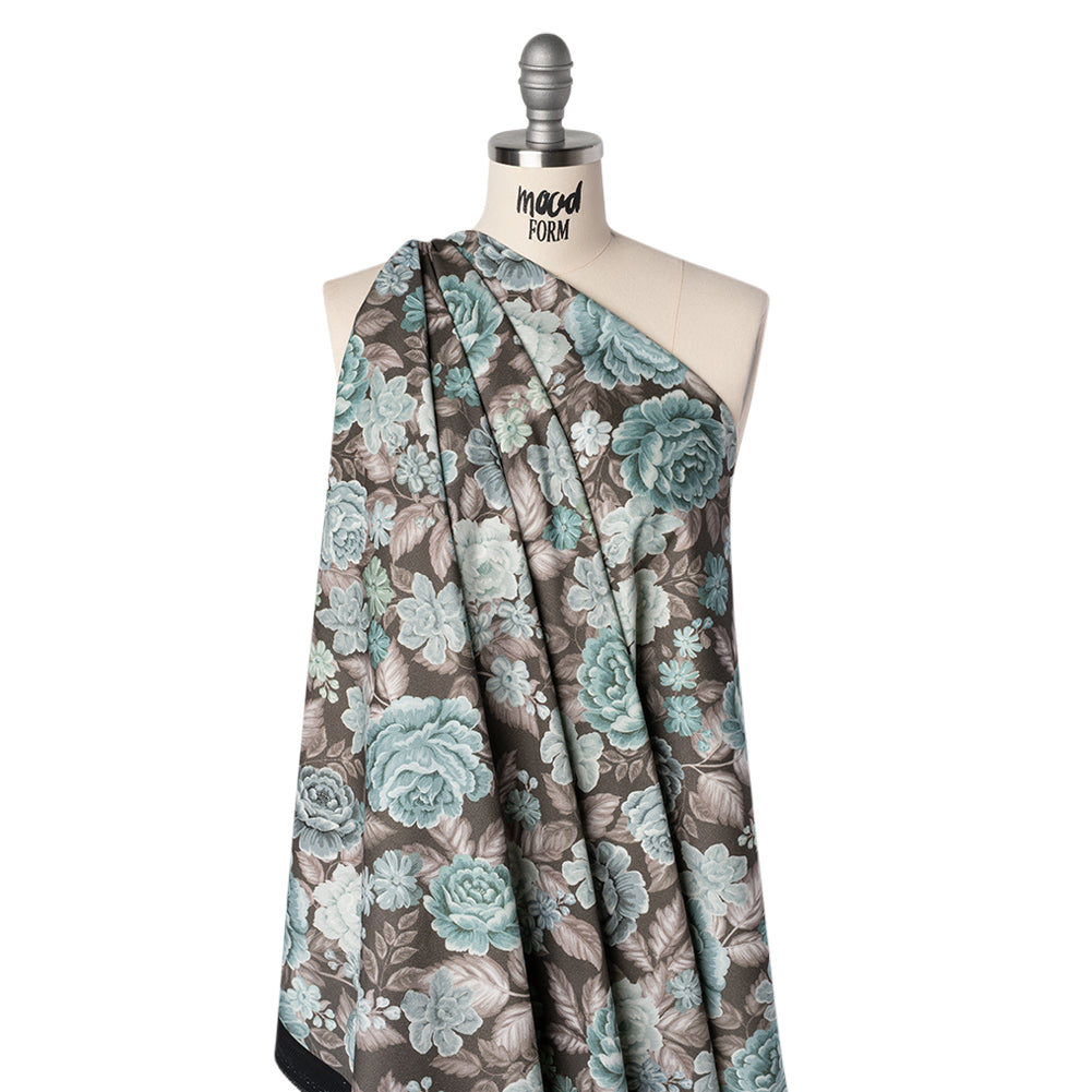 Brushed Cotton Woven - Light Blue, Seafoam and Taupe Flower Garden - Mood Exclusive Soft Bloom Print - Drape