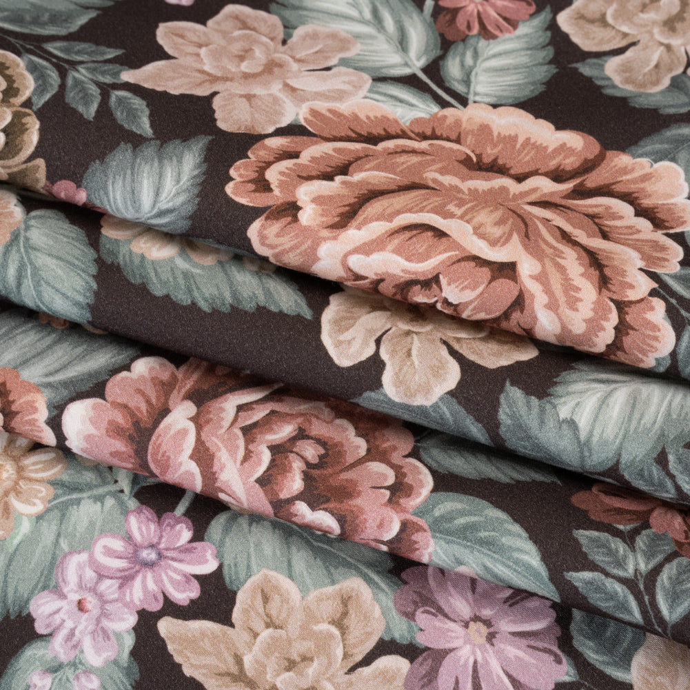 Brushed Cotton Woven - Light Pink, Soft Green and Black Flower Garden - Mood Exclusive Soft Bloom Print - Folded