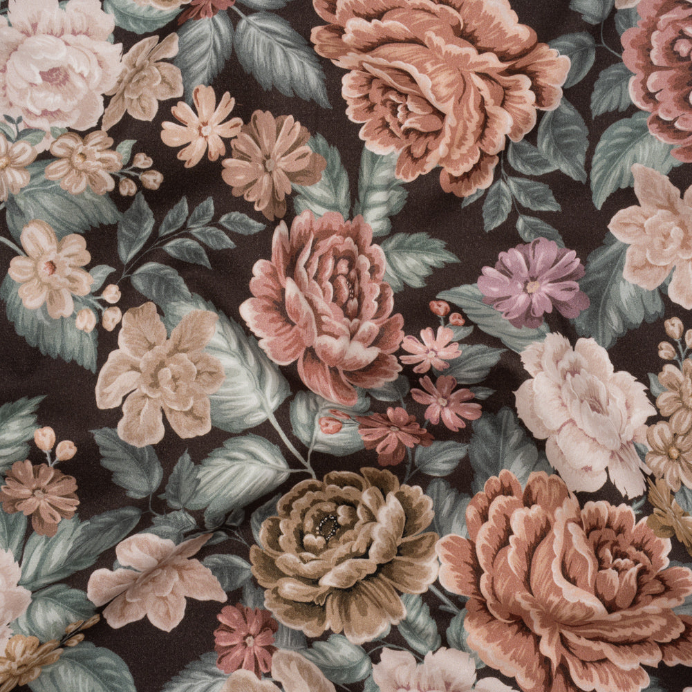 Brushed Cotton Woven - Light Pink, Soft Green and Black Flower Garden - Mood Exclusive Soft Bloom Print