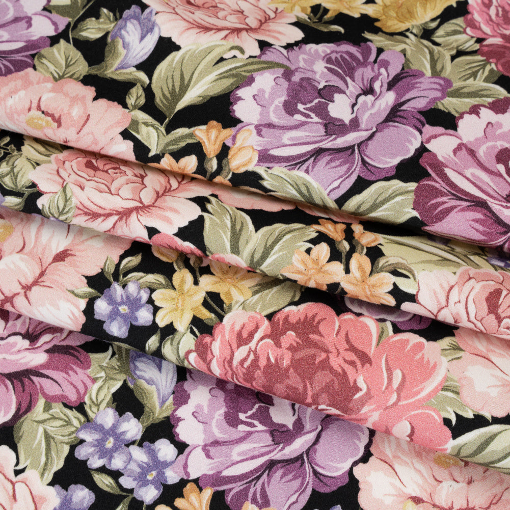 Brushed Cotton Woven - Rose Pink, Purple and Black Blooming Flowers - Mood Exclusive Tender Bloom Print Folded