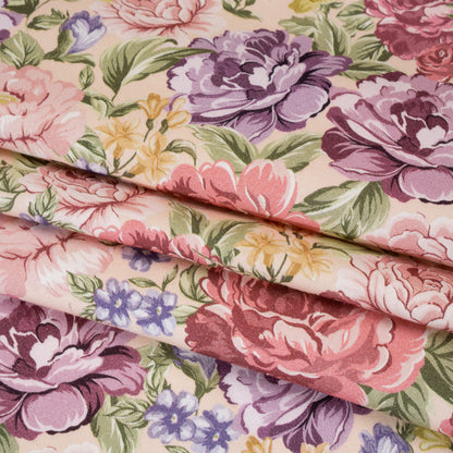 Brushed Cotton Woven - Pale Pink, Purple and Rose Red Blooming Flowers - Mood Exclusive Tender Bloom Print Folded