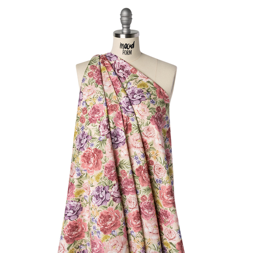 Brushed Cotton Woven - Pale Pink, Purple and Rose Red Blooming Flowers - Mood Exclusive Tender Bloom Print Drape