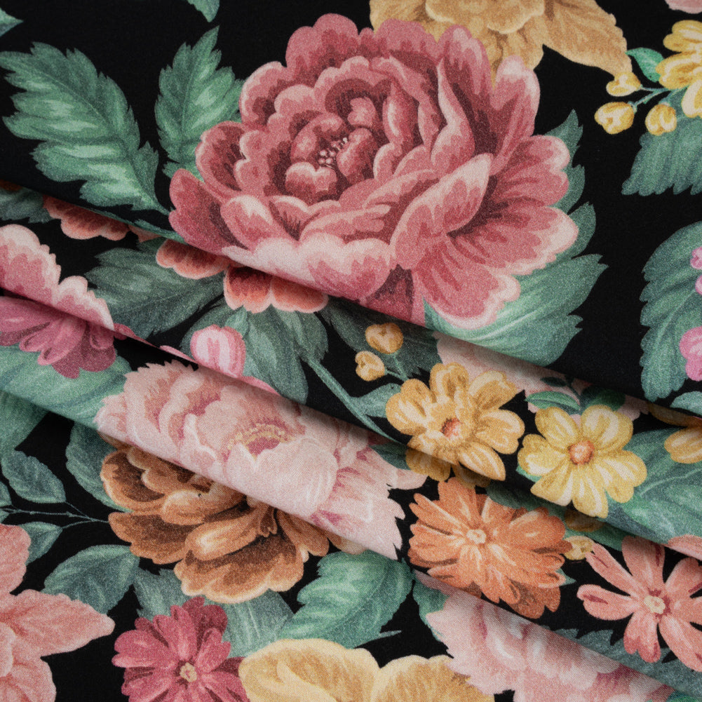 Brushed Cotton Woven - Coral Pink, Yellow and Green Flowers on Black - Mood Exclusive Briar Lane Print - Folded