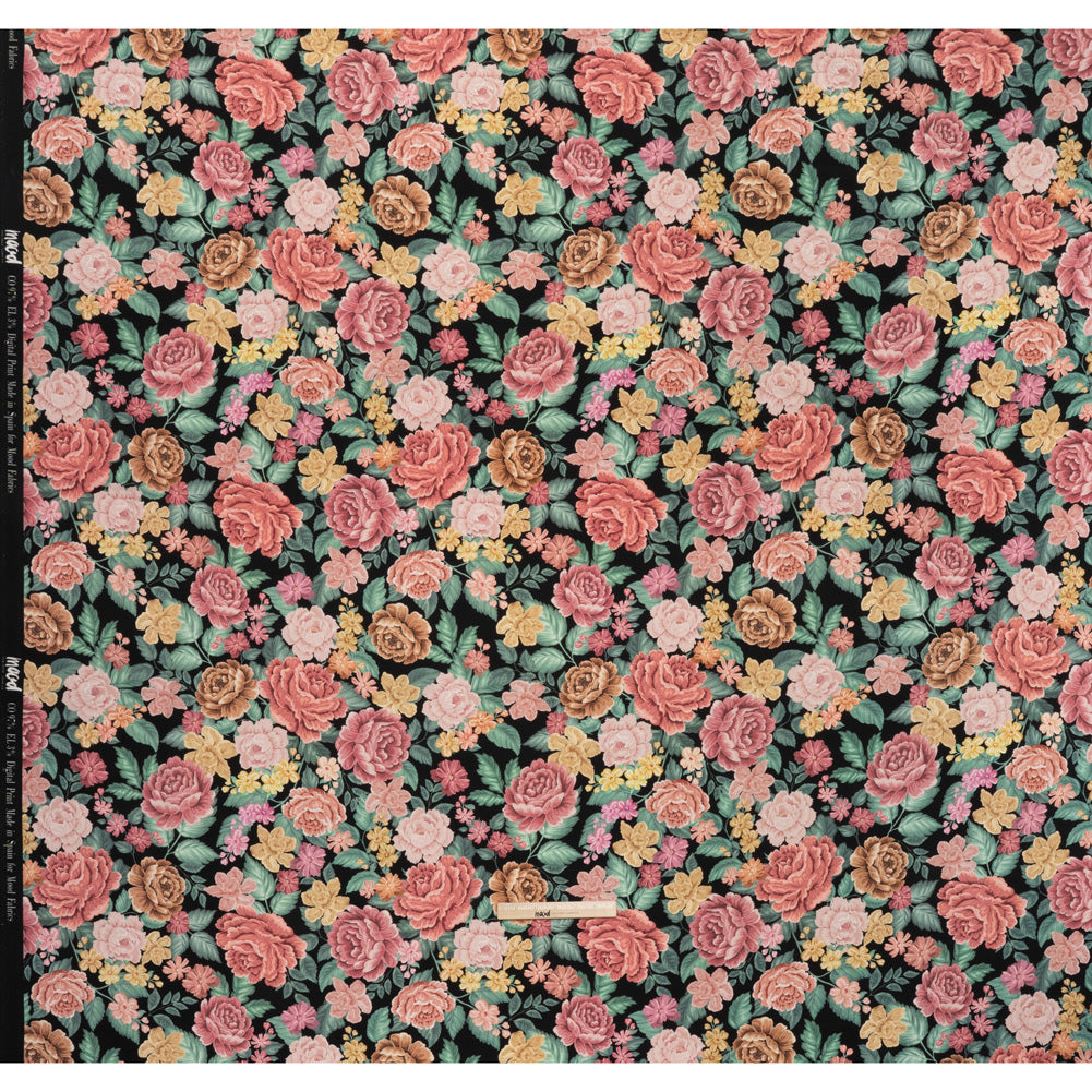 Brushed Cotton Woven - Coral Pink, Yellow and Green Flowers on Black - Mood Exclusive Briar Lane Print - Full
