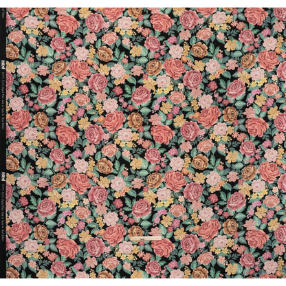 Brushed Cotton Woven - Coral Pink, Yellow and Green Flowers on Black - Mood Exclusive Briar Lane Print