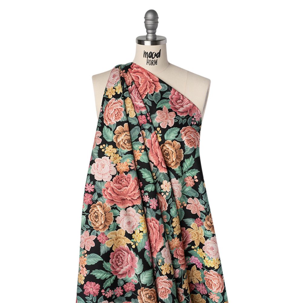Brushed Cotton Woven - Coral Pink, Yellow and Green Flowers on Black - Mood Exclusive Briar Lane Print - Drape