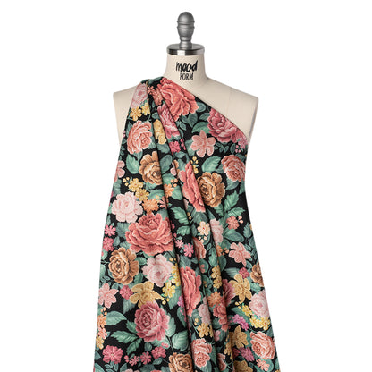 Brushed Cotton Woven - Coral Pink, Yellow and Green Flowers on Black - Mood Exclusive Briar Lane Print