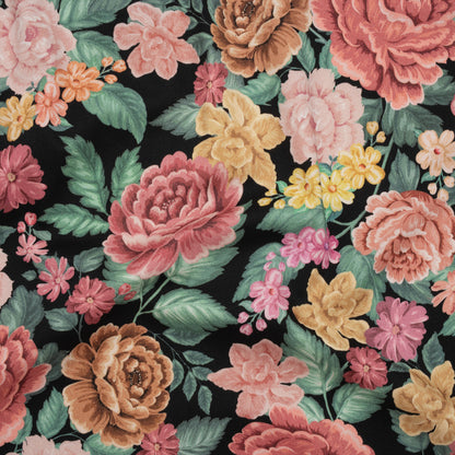 Brushed Cotton Woven - Coral Pink, Yellow and Green Flowers on Black - Mood Exclusive Briar Lane Print