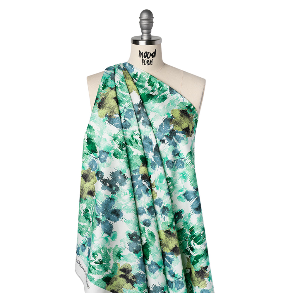 Brushed Cotton Woven - Green, Blue and Olive Ikat Florals - Mood Exclusive Reflecting Pool Print - Drape