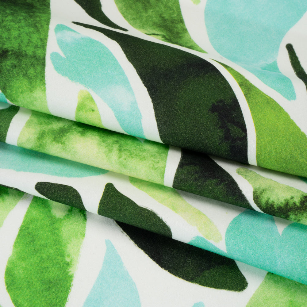 Brushed Cotton Woven - Aqua Blue, Lime and Forest Green Leaf Shapes - Mood Exclusive Watercolor Grove Print - Folded