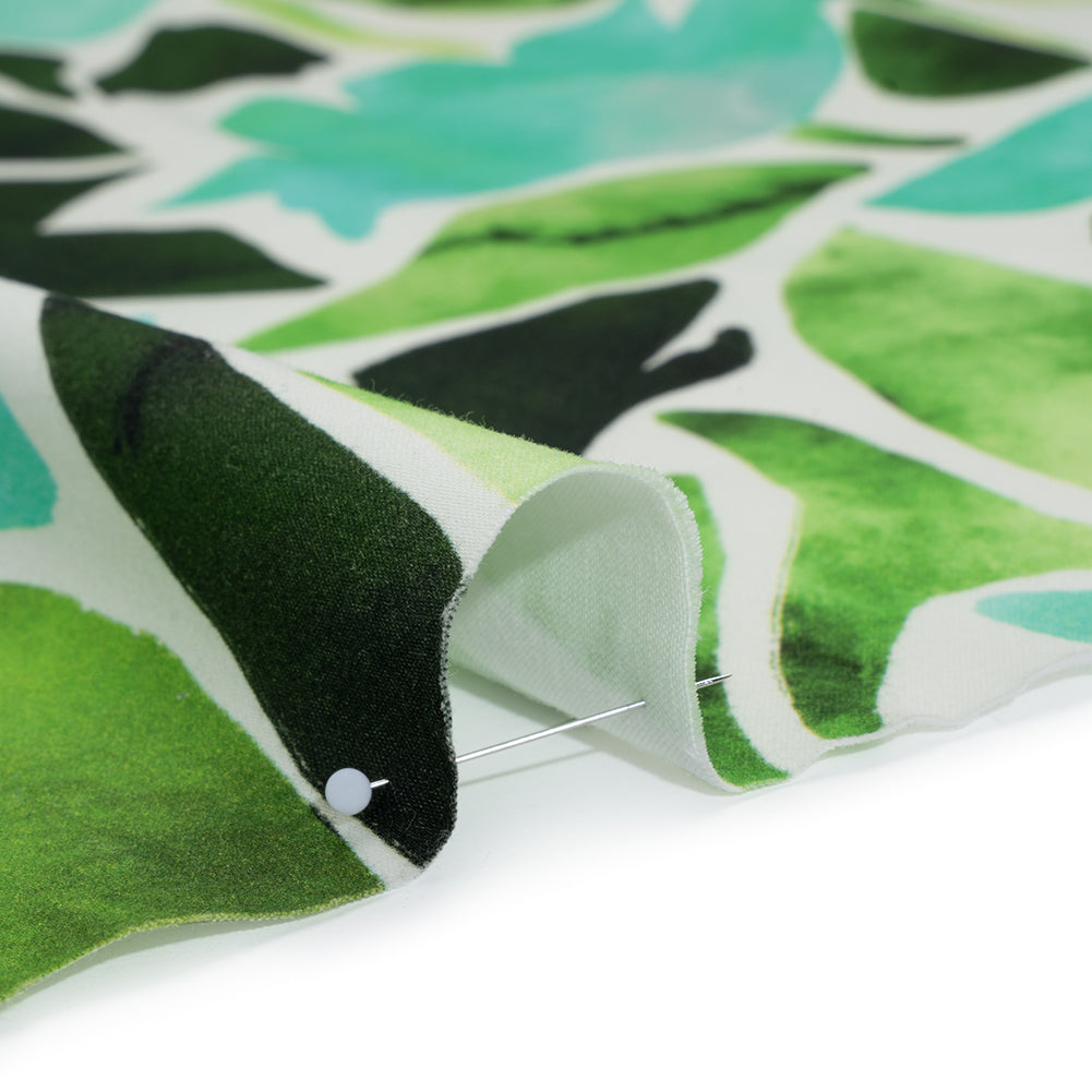 Brushed Cotton Woven - Aqua Blue, Lime and Forest Green Leaf Shapes - Mood Exclusive Watercolor Grove Print - Detail
