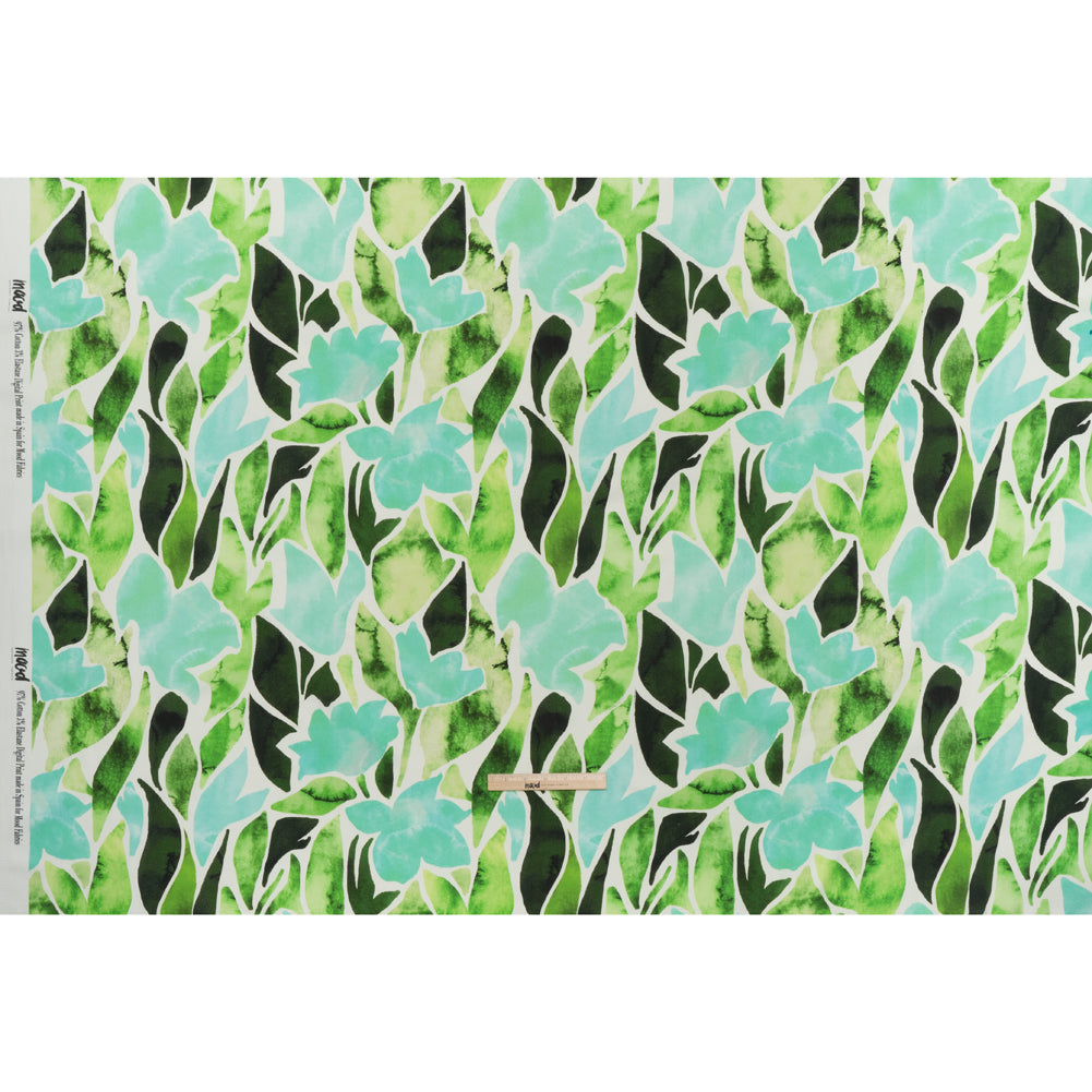Brushed Cotton Woven - Aqua Blue, Lime and Forest Green Leaf Shapes - Mood Exclusive Watercolor Grove Print - Full