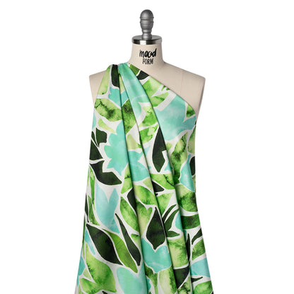Brushed Cotton Woven - Aqua Blue, Lime and Forest Green Leaf Shapes - Mood Exclusive Watercolor Grove Print