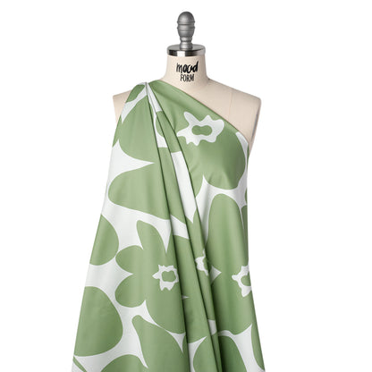 Brushed Cotton Woven - White and Sage Green Big Simple Flowers - Mood Exclusive Floral Figures Print Drape