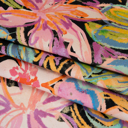 Brushed Cotton Woven - Pink, Floral Purple and Bright Green Chalk Drawing Flowers - Mood Exclusive Chalkboard Blossoms Print