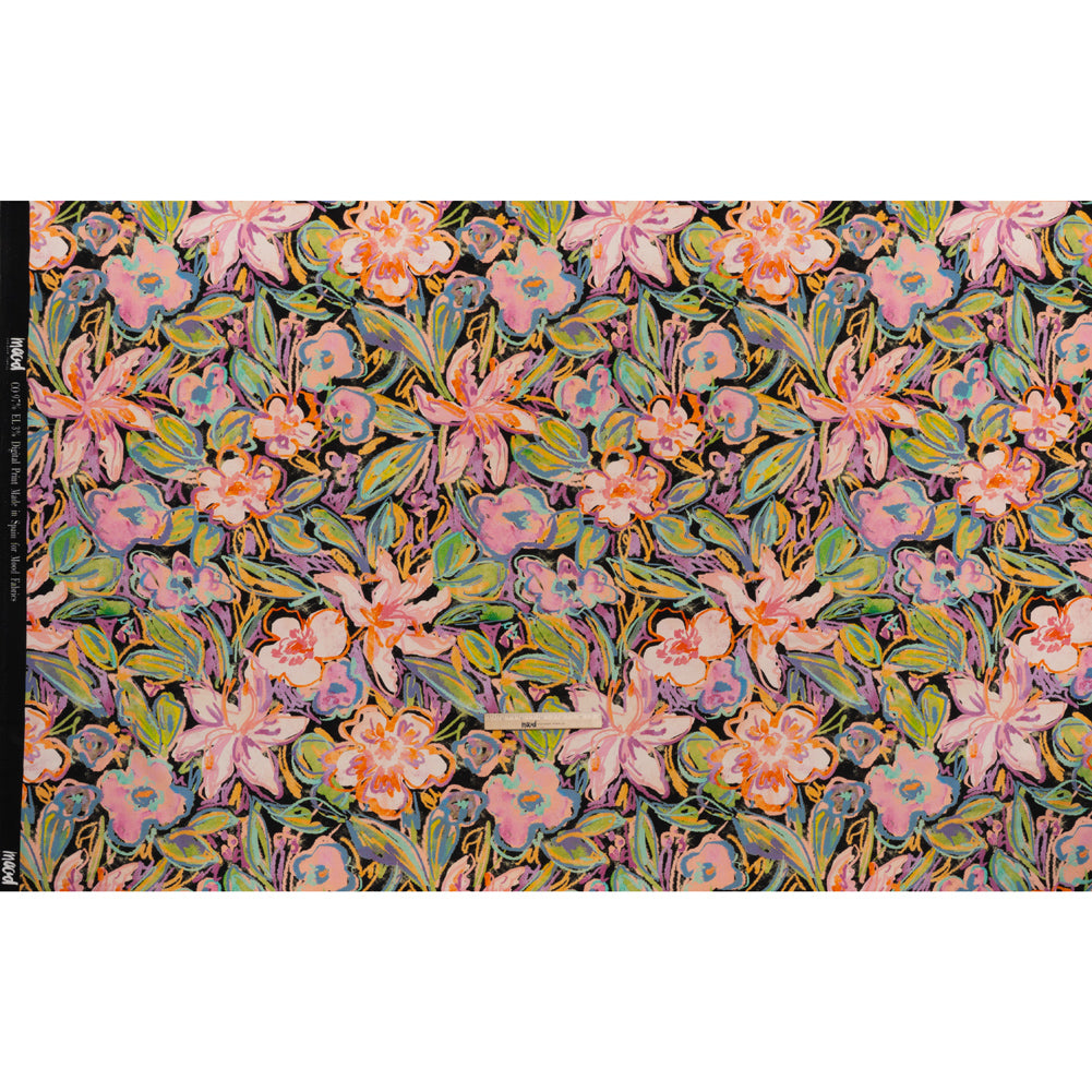Brushed Cotton Woven - Pink, Floral Purple and Bright Green Chalk Drawing Flowers - Mood Exclusive Chalkboard Blossoms Print - Full